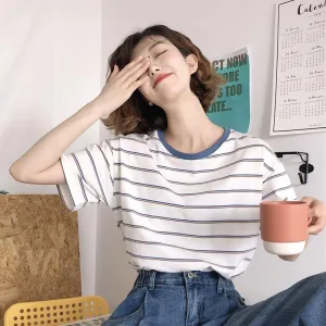 Minimalist Women Korean Trendy Short Sleeve T-Shirt Summer Striped INS Trendy Tops T-Shirt
