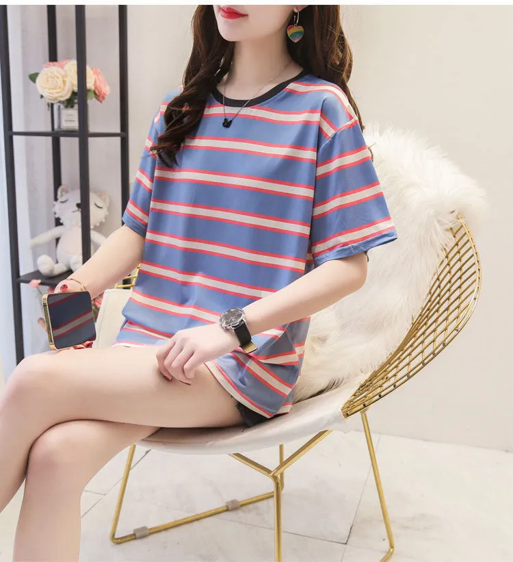 Minimalist Women Korean Trendy Short Sleeve T-Shirt Summer Striped INS Trendy Tops T-Shirt