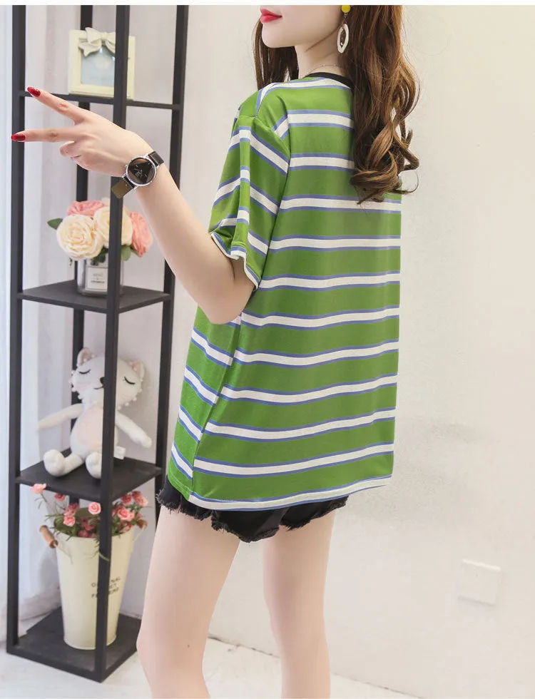 Minimalist Women Korean Trendy Short Sleeve T-Shirt Summer Striped INS Trendy Tops T-Shirt