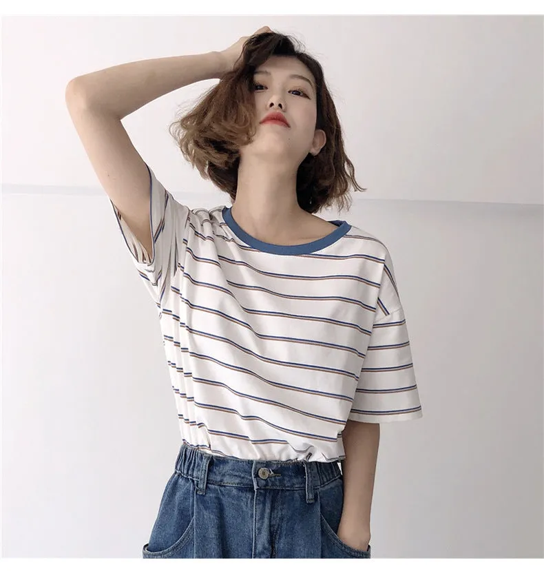 Minimalist Women Korean Trendy Short Sleeve T-Shirt Summer Striped INS Trendy Tops T-Shirt