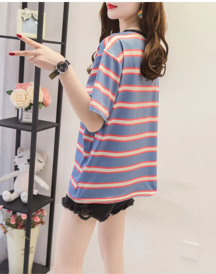 Minimalist Women Korean Trendy Short Sleeve T-Shirt Summer Striped INS Trendy Tops T-Shirt