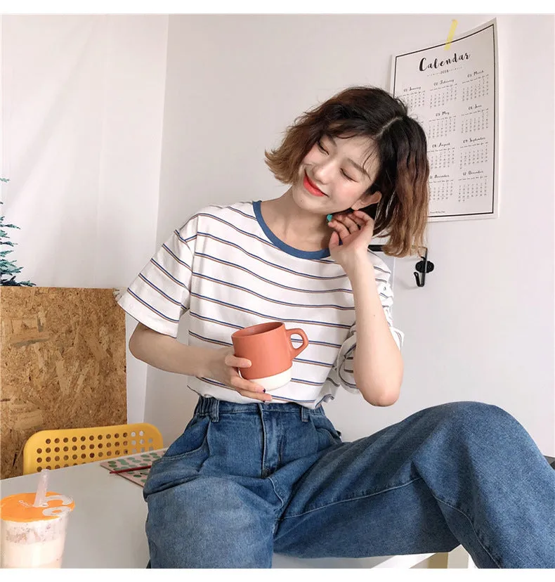 Minimalist Women Korean Trendy Short Sleeve T-Shirt Summer Striped INS Trendy Tops T-Shirt