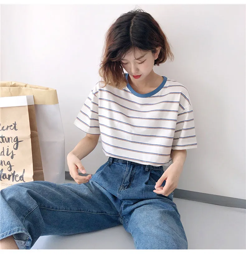 Minimalist Women Korean Trendy Short Sleeve T-Shirt Summer Striped INS Trendy Tops T-Shirt
