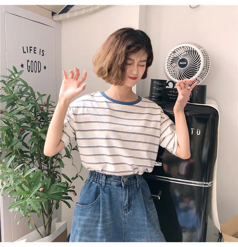 Minimalist Women Korean Trendy Short Sleeve T-Shirt Summer Striped INS Trendy Tops T-Shirt