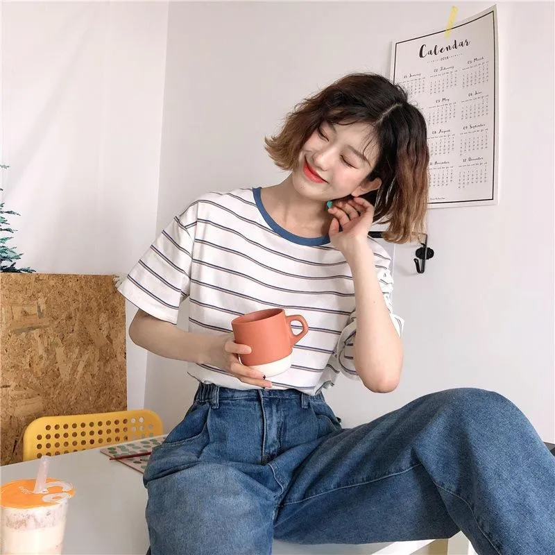 Minimalist Women Korean Trendy Short Sleeve T-Shirt Summer Striped INS Trendy Tops T-Shirt