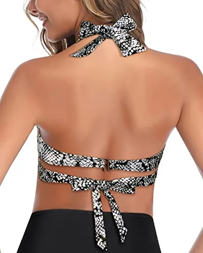 Mix And Match Halter Retro Bikini Top For Women-Orange Snake Print