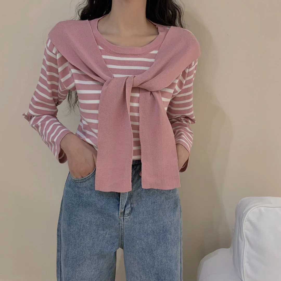 Popular Trendy Short Sleeve Sweater Women Korean Western Shawl Striped Tops Outerwear