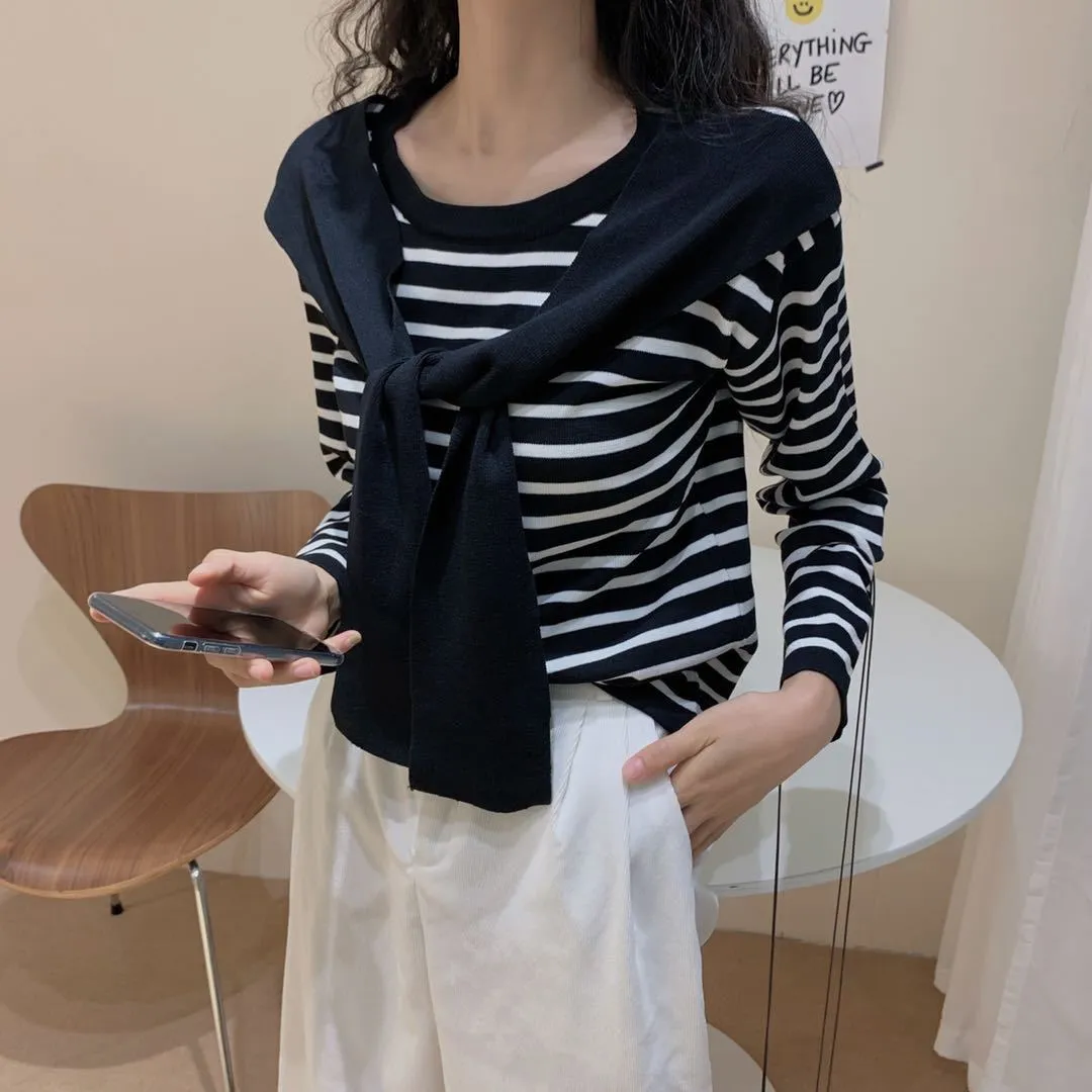 Popular Trendy Short Sleeve Sweater Women Korean Western Shawl Striped Tops Outerwear