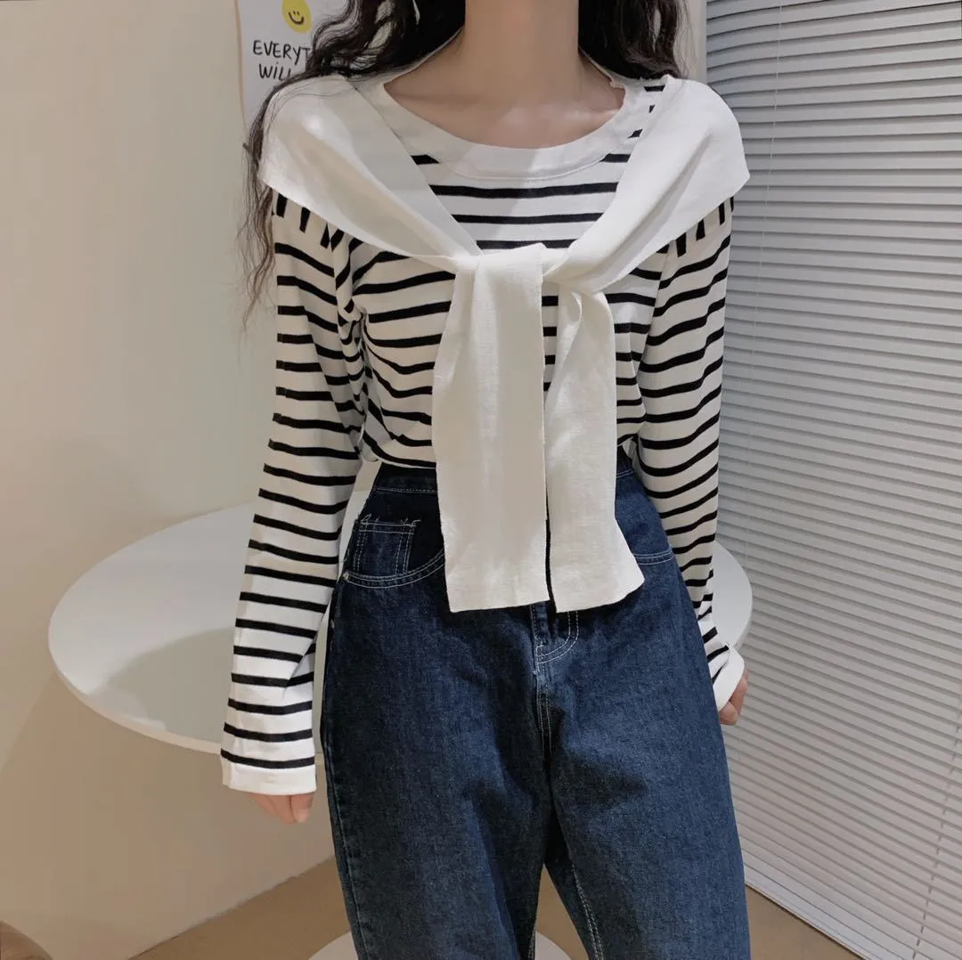 Popular Trendy Short Sleeve Sweater Women Korean Western Shawl Striped Tops Outerwear