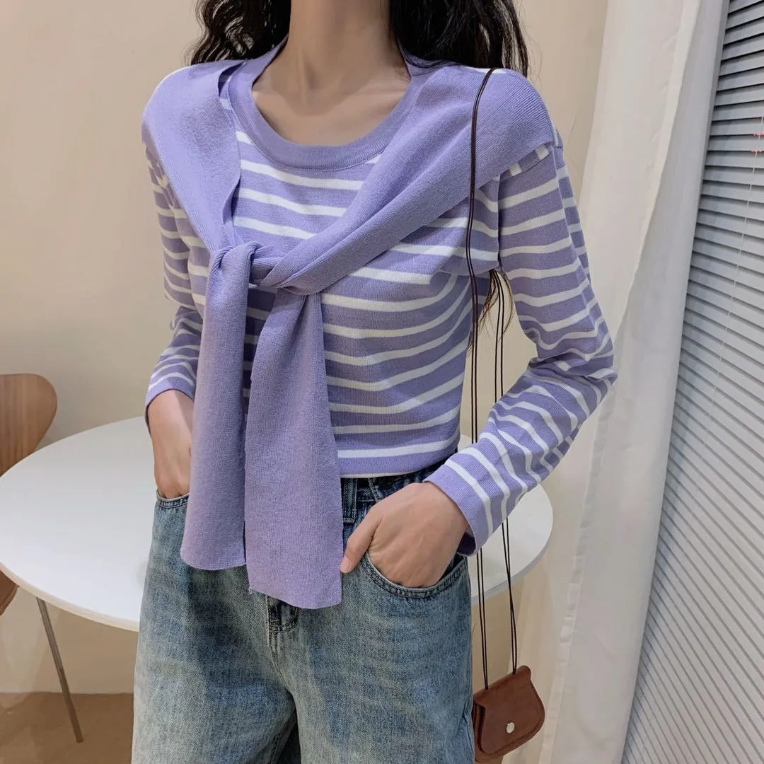 Popular Trendy Short Sleeve Sweater Women Korean Western Shawl Striped Tops Outerwear