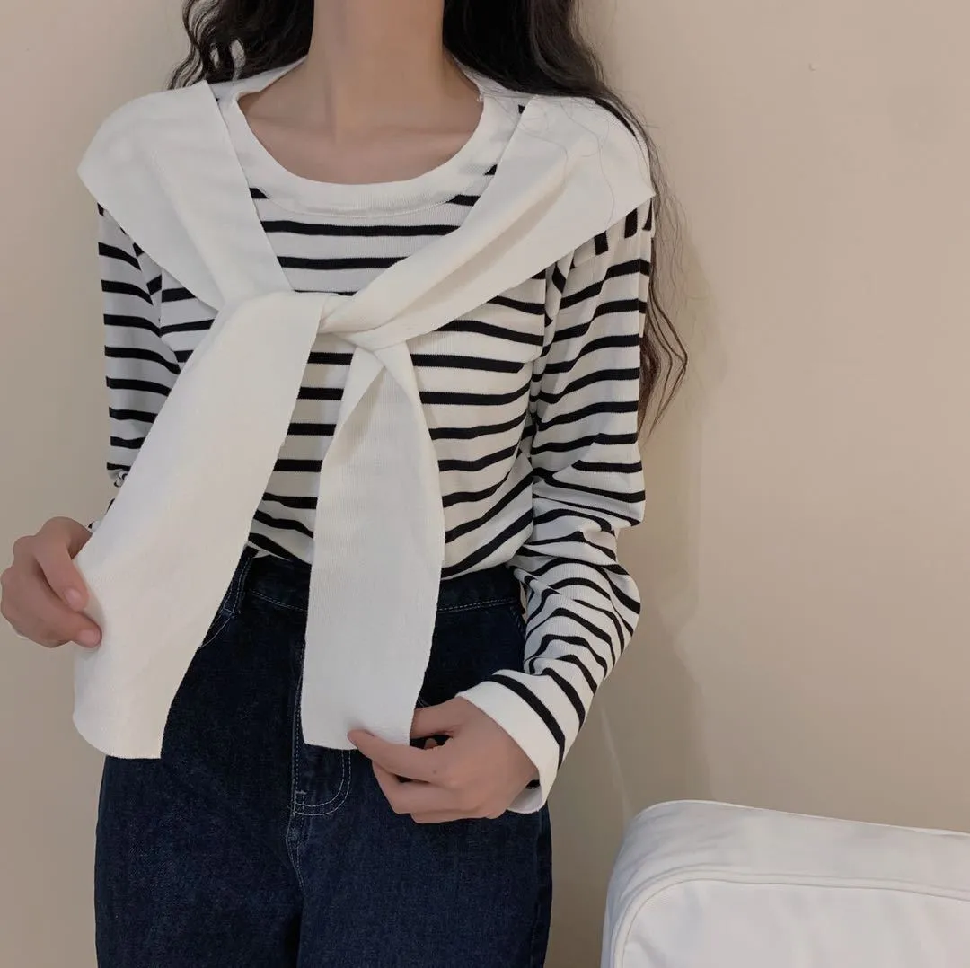 Popular Trendy Short Sleeve Sweater Women Korean Western Shawl Striped Tops Outerwear