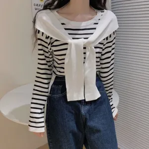 Popular Trendy Short Sleeve Sweater Women Korean Western Shawl Striped Tops Outerwear