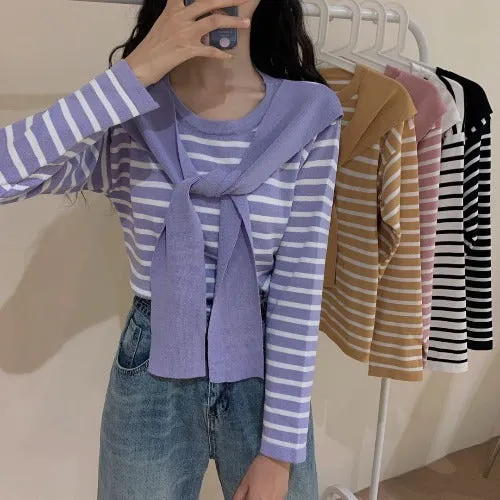 Popular Trendy Short Sleeve Sweater Women Korean Western Shawl Striped Tops Outerwear