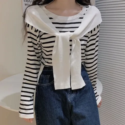Popular Trendy Short Sleeve Sweater Women Korean Western Shawl Striped Tops Outerwear
