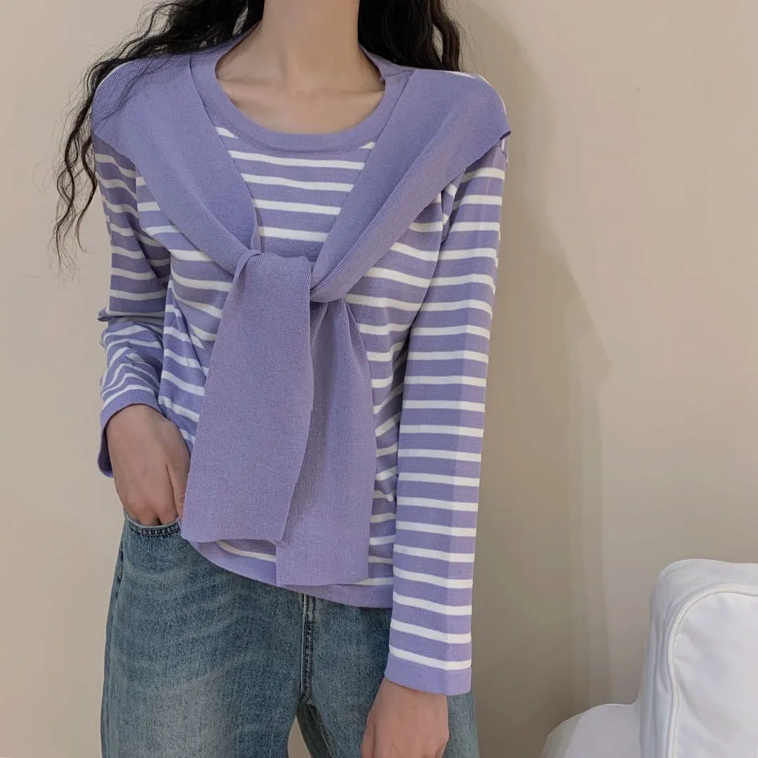 Popular Trendy Short Sleeve Sweater Women Korean Western Shawl Striped Tops Outerwear