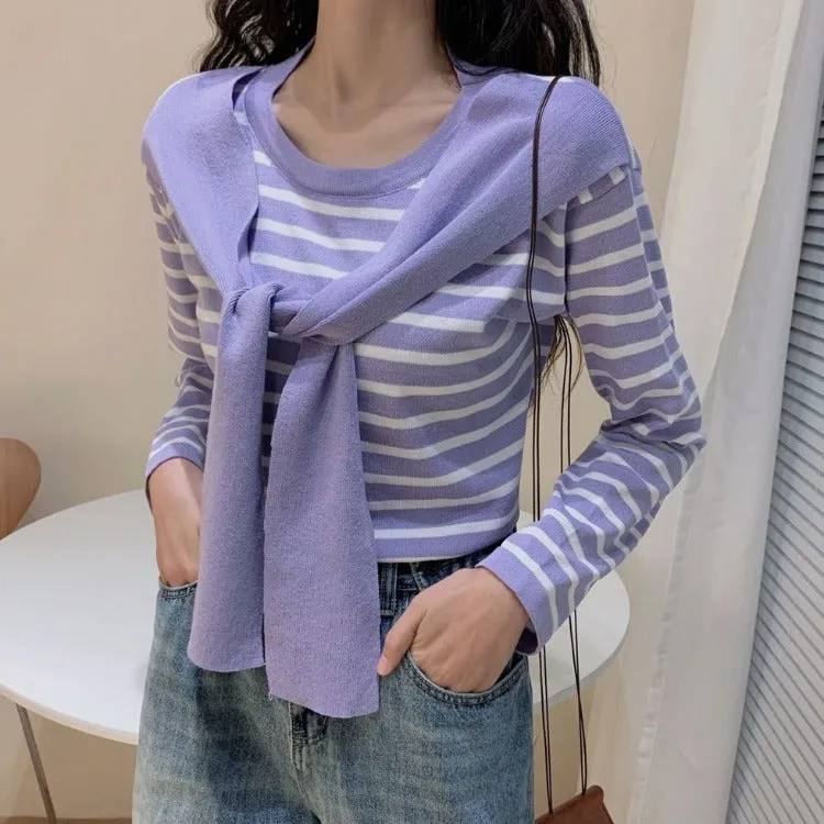 Popular Trendy Short Sleeve Sweater Women Korean Western Shawl Striped Tops Outerwear
