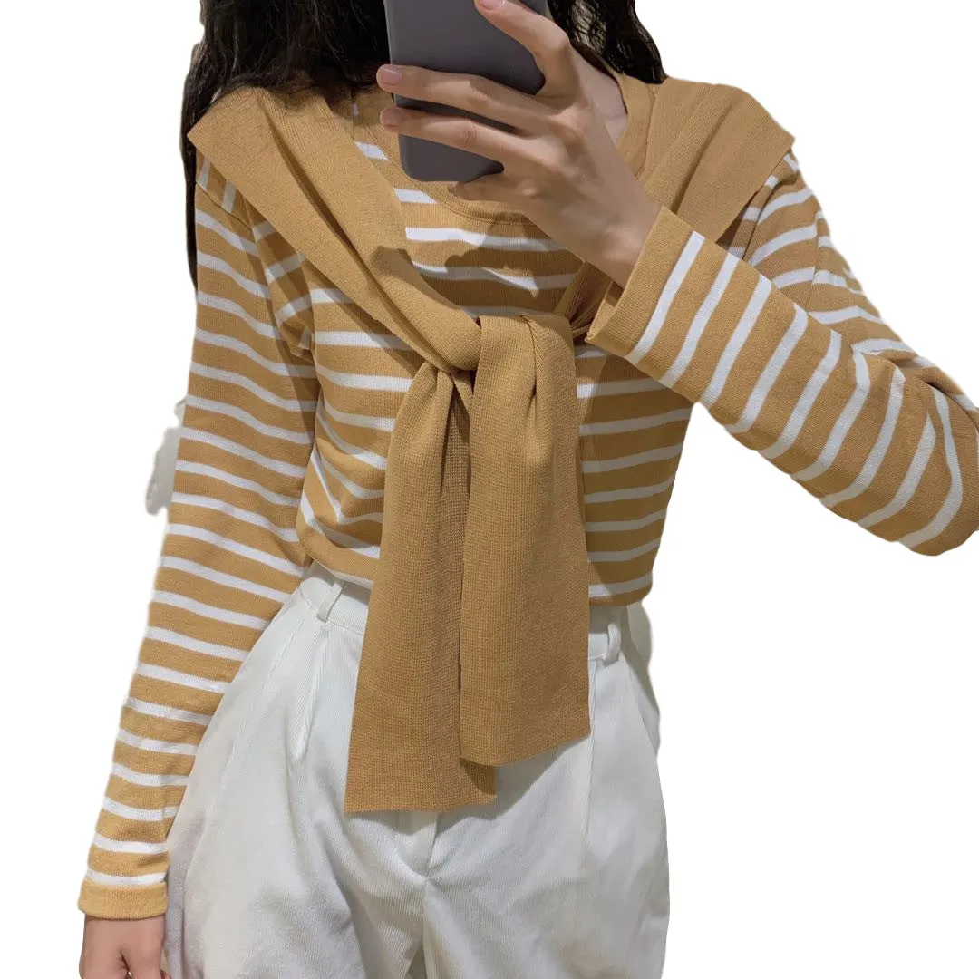 Popular Trendy Short Sleeve Sweater Women Korean Western Shawl Striped Tops Outerwear