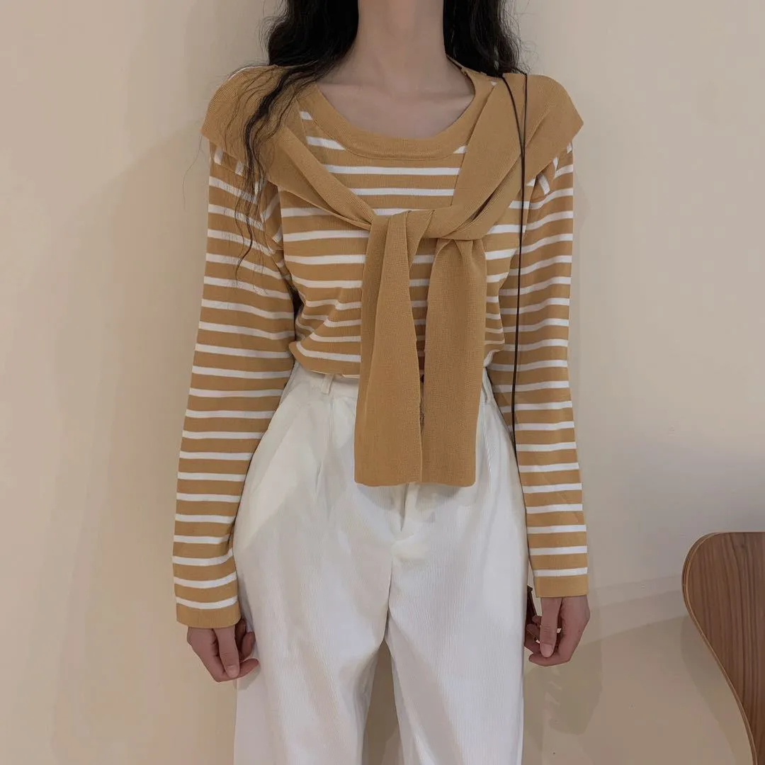 Popular Trendy Short Sleeve Sweater Women Korean Western Shawl Striped Tops Outerwear