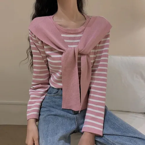 Popular Trendy Short Sleeve Sweater Women Korean Western Shawl Striped Tops Outerwear