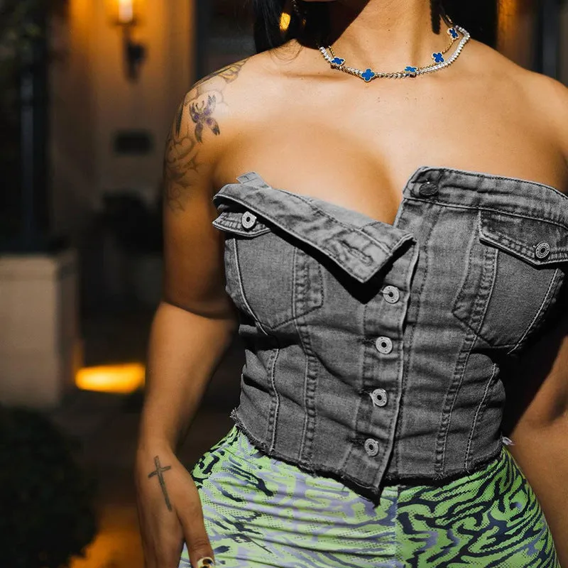 Raw Edge Strapless Trendy Denim Buttons Crop TopsWholesale Women'S Tops