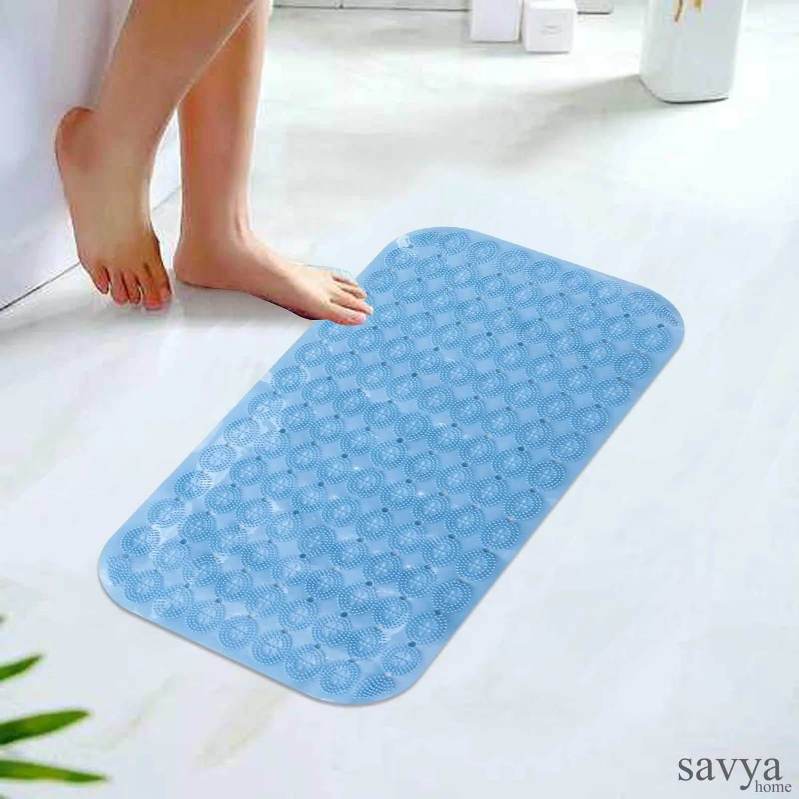 SAVYA HOME Bath Mats | Super Grip Floor Mat | Anti Skid Mat for Bathroom Floor | PVC Shower/Kitchen/Bathroom/Floor Mats | 67x37 cm | Set of 2, Blue & Green