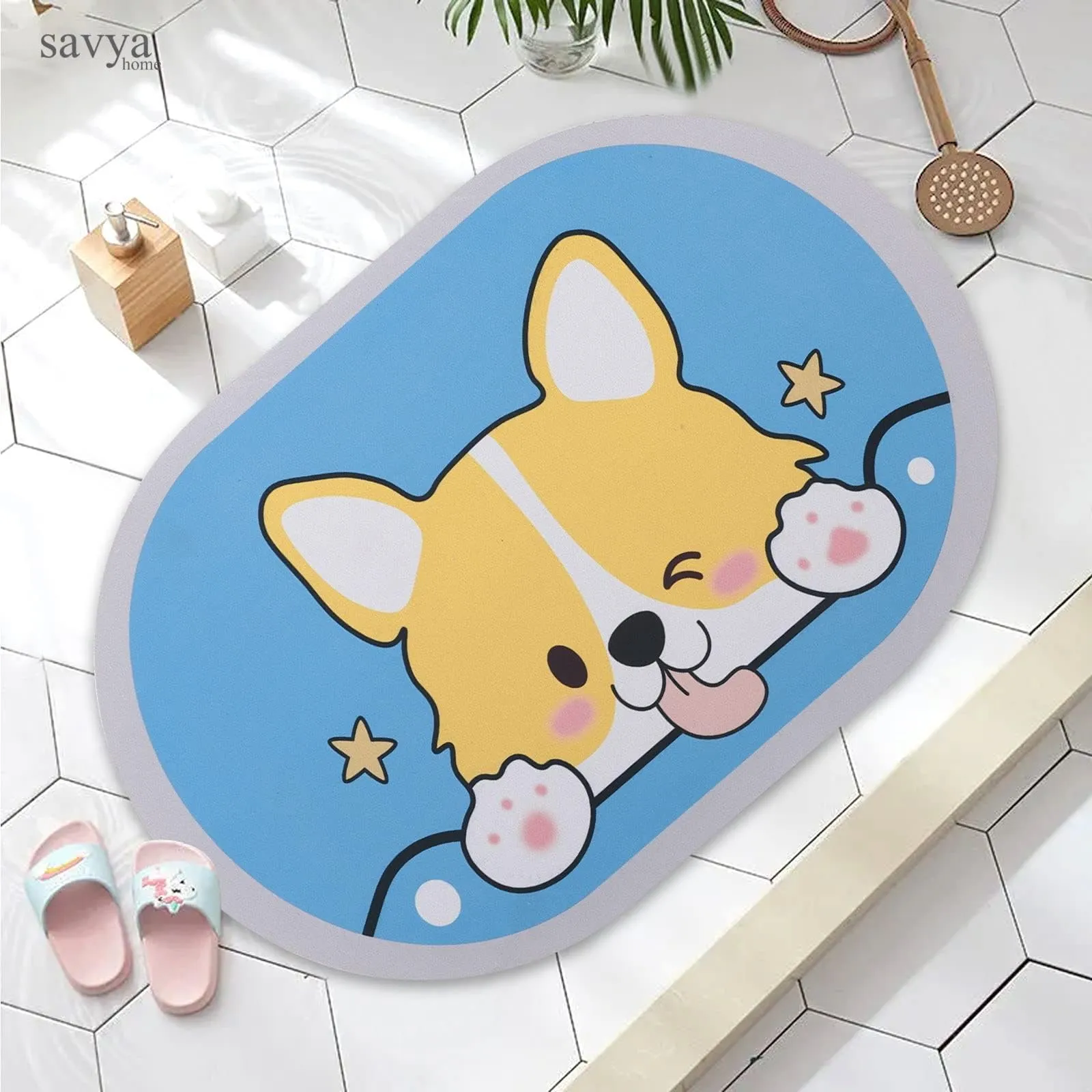 SAVYA HOME Door Mat for Bedroom and Living Room | Anti-Skid Floor Mat for Kids Room | Bathroom Mat| Mat for Living Room, Mat for Bedroom, Blue & Grey, 2