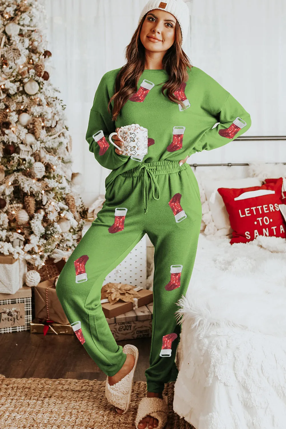 Sequin Christmas Stockings Graphic Lounge Set