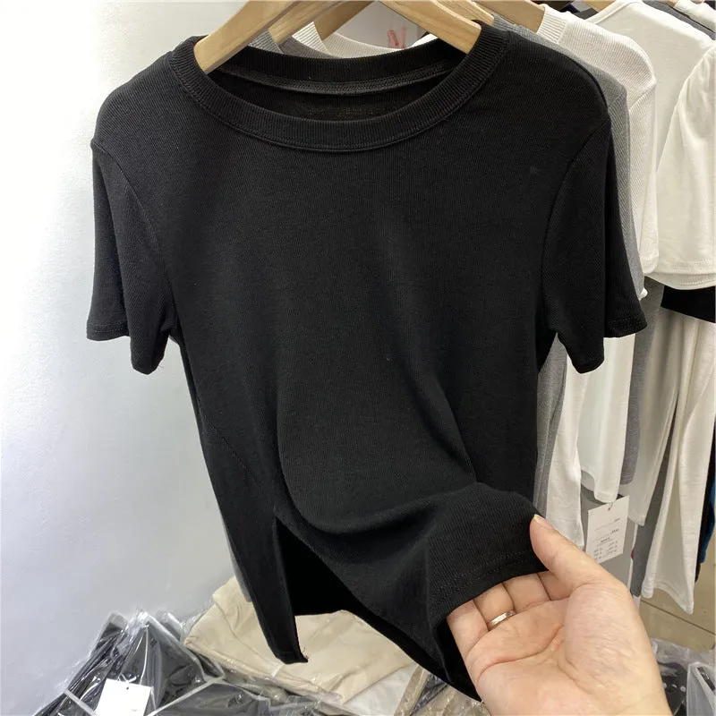 Short Sleeve T-Shirt Women Summer Trendy Hem Splitted Half Sleeved Tops INS T-Shirt