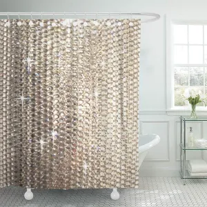 SUTTOM Silver Sparkle Bling Neutral Tan Diamonds Gold Crystals Beads Shower Curtain 66x72 inch