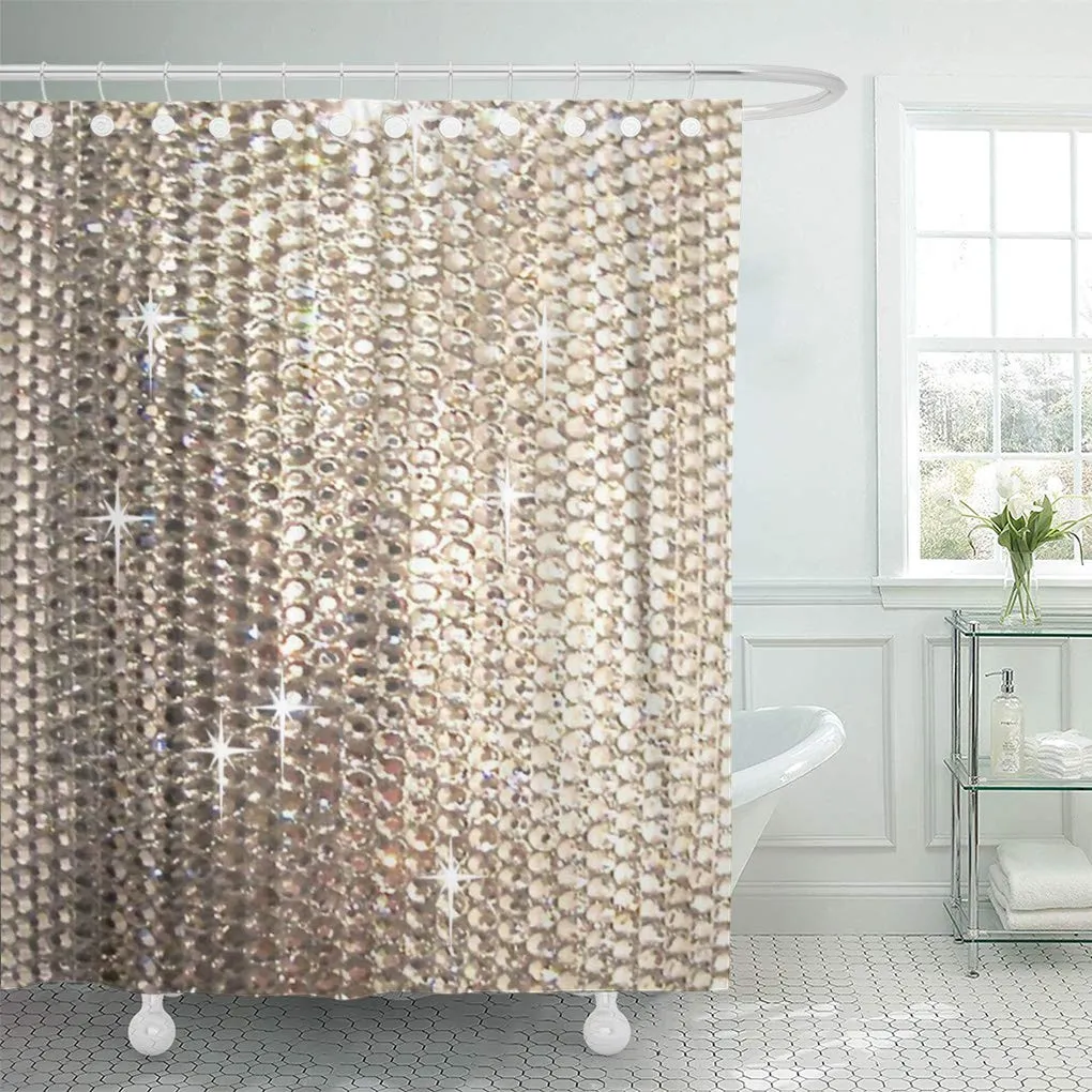 SUTTOM Silver Sparkle Bling Neutral Tan Diamonds Gold Crystals Beads Shower Curtain 66x72 inch
