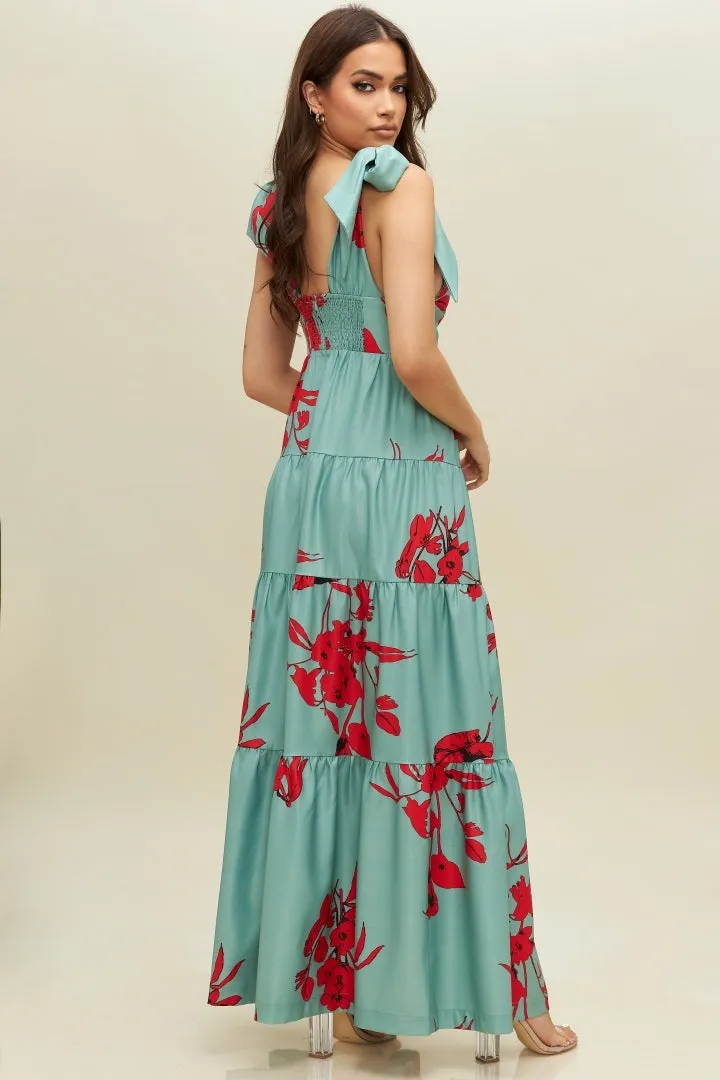 Tie-Strap Tiered Floral Maxi Dress in Sage Red