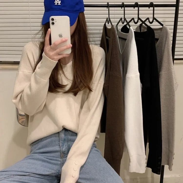 Trendy Elegant V-Neck Tops Matching Sweater Women Loose Casual Long Sleeved Lazy Outerwear