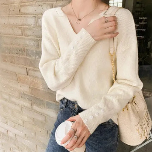 Trendy Elegant V-Neck Tops Matching Sweater Women Loose Casual Long Sleeved Lazy Outerwear