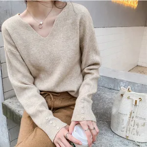 Trendy Elegant V-Neck Tops Matching Sweater Women Loose Casual Long Sleeved Lazy Outerwear