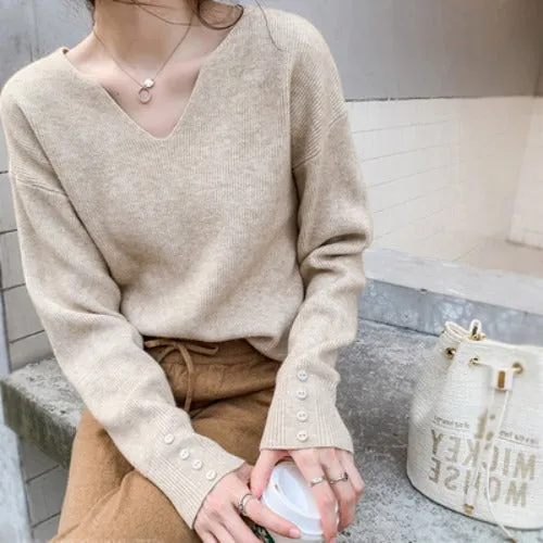 Trendy Elegant V-Neck Tops Matching Sweater Women Loose Casual Long Sleeved Lazy Outerwear