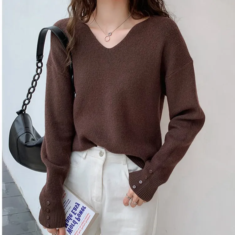 Trendy Elegant V-Neck Tops Matching Sweater Women Loose Casual Long Sleeved Lazy Outerwear