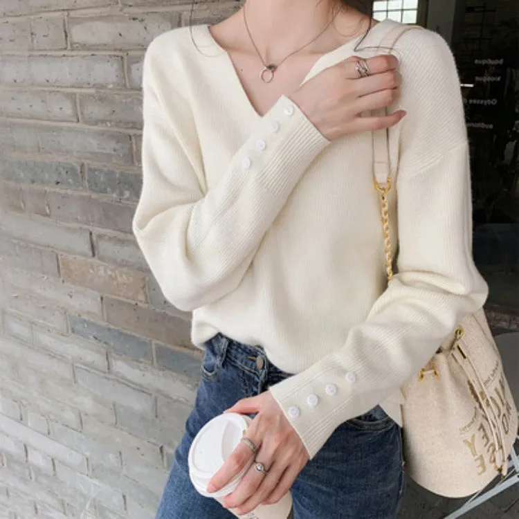 Trendy Elegant V-Neck Tops Matching Sweater Women Loose Casual Long Sleeved Lazy Outerwear