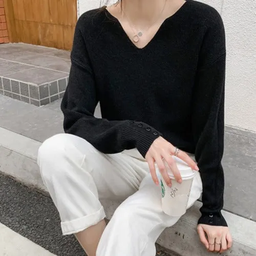 Trendy Elegant V-Neck Tops Matching Sweater Women Loose Casual Long Sleeved Lazy Outerwear