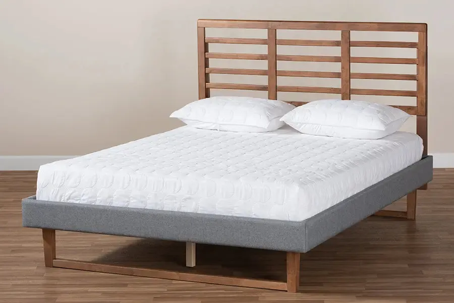 Tristan Dark Gray Fabric Ash Walnut Brown Finished Wood Platform Bed (Full)