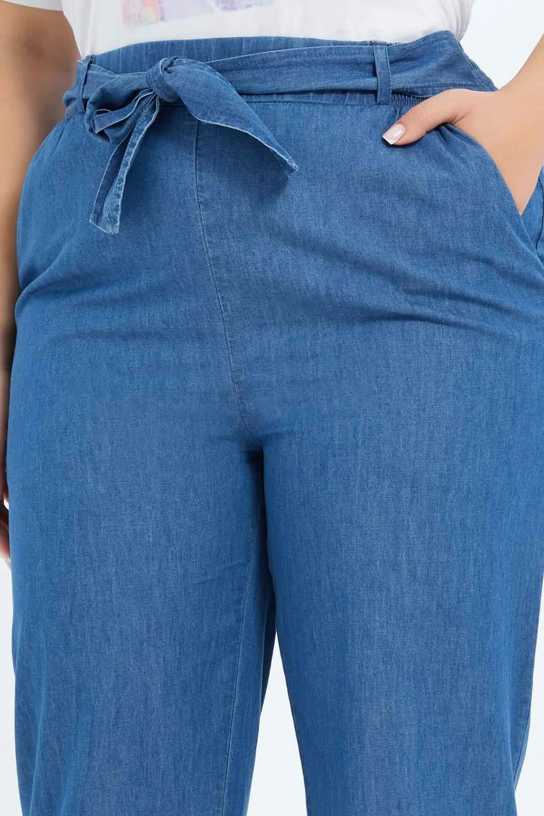 Women Blue Wide Leg Denim Pants With Self Belt