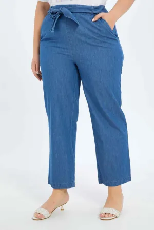 Women Blue Wide Leg Denim Pants With Self Belt