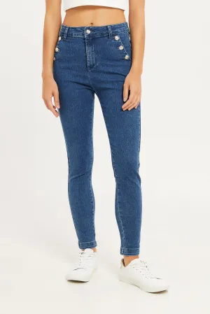 Women Navy Skinny Jeans With Button Detailing