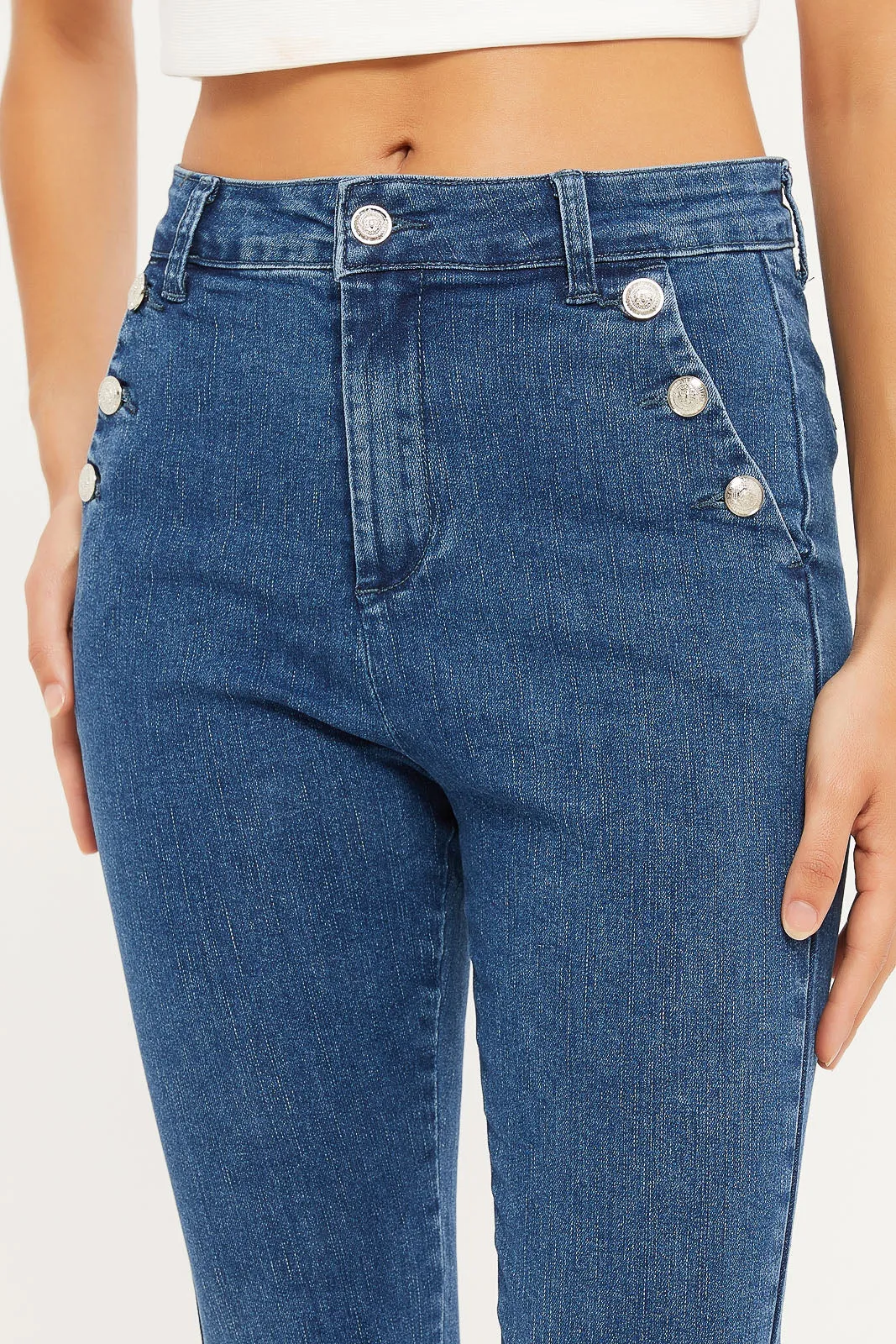 Women Navy Skinny Jeans With Button Detailing